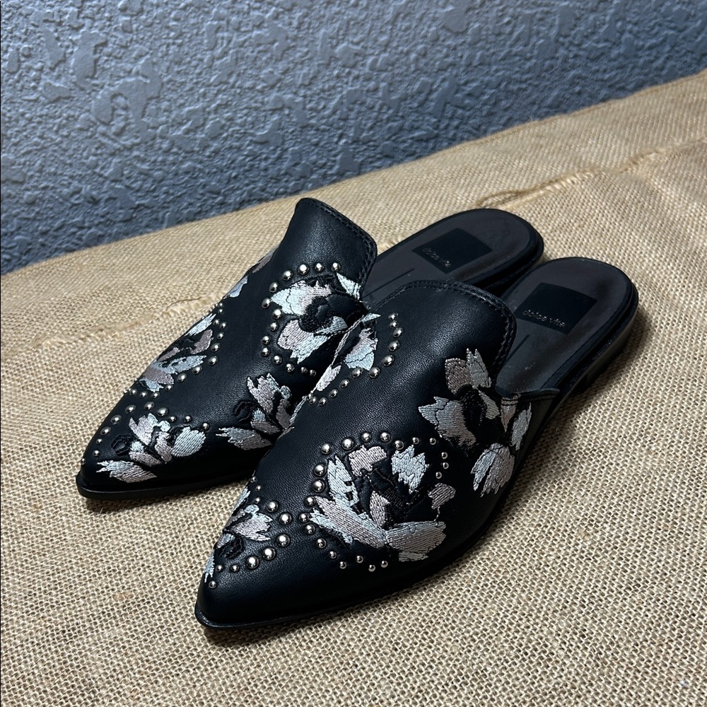 Dolce Vita Black Leather Floral Embroidered Mules